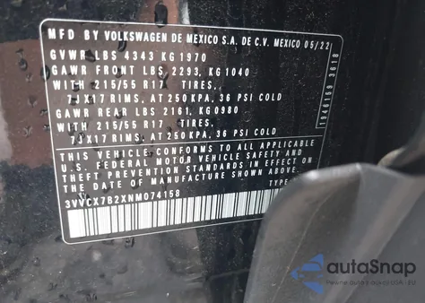 2022 Volkswagen Taos 1.5T S из США, поврежденный, VIN 3VVCX7B2XNM074158